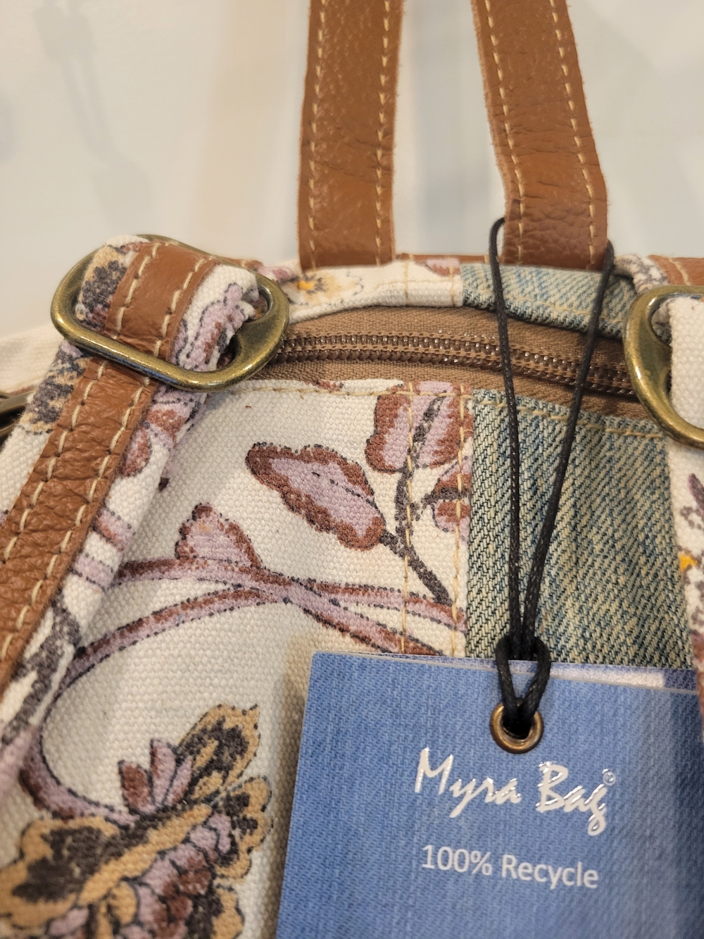 Myra Bag NWT Floral and Denim Canvas Medium Backpack Brown Leather Trim - Picture 6 of 12